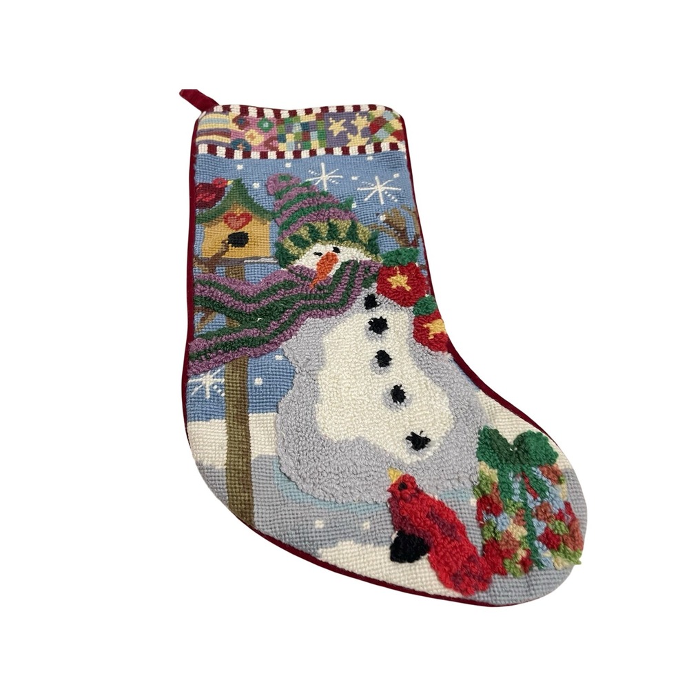 Vtg Lands' End Blank Needlepoint Christmas Stocking Snowman Cardinal Wool Bird